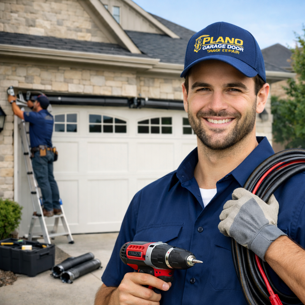 Professional garage door technicians in Plano TX performing expert repair, with one technician standing in front holding a drill and another providing garage door service on a ladder, showcasing trusted and reliable maintenance solutions.