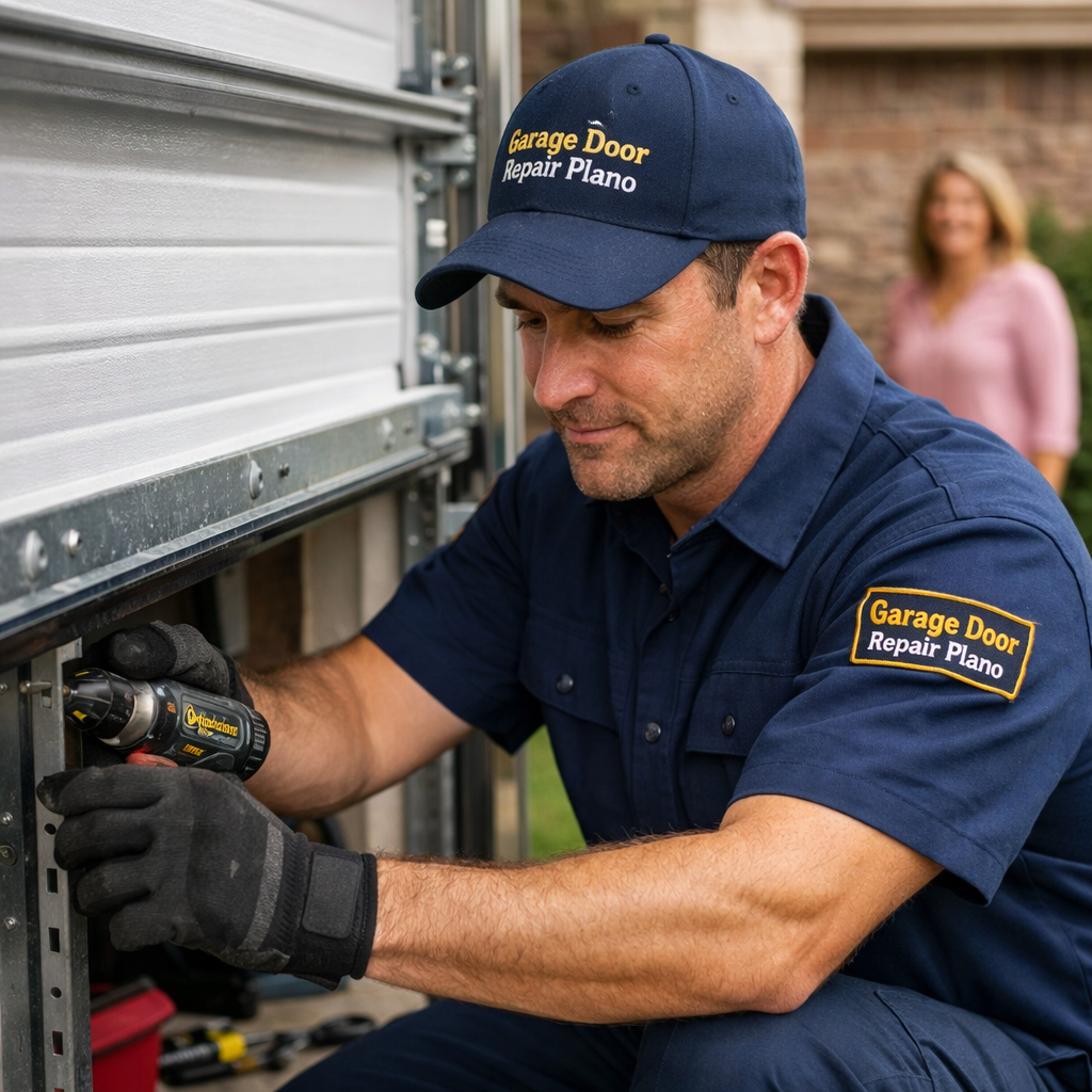 Professional garage door technician using a drill to safely install or replace a garage door in Plano TX providing reliable and secure garage door services