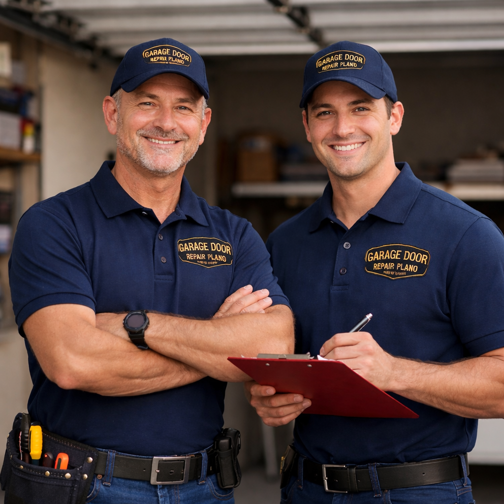 Professional garage door installation and replacement technicians discussing service details while standing in front of a home in Plano TX providing trusted garage door solutions
