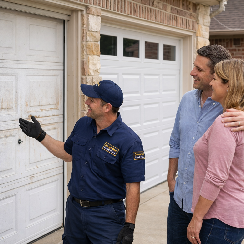 Professional garage door technician showing completed repair or installation results to satisfied homeowners in Plano TX after resolving garage door problems