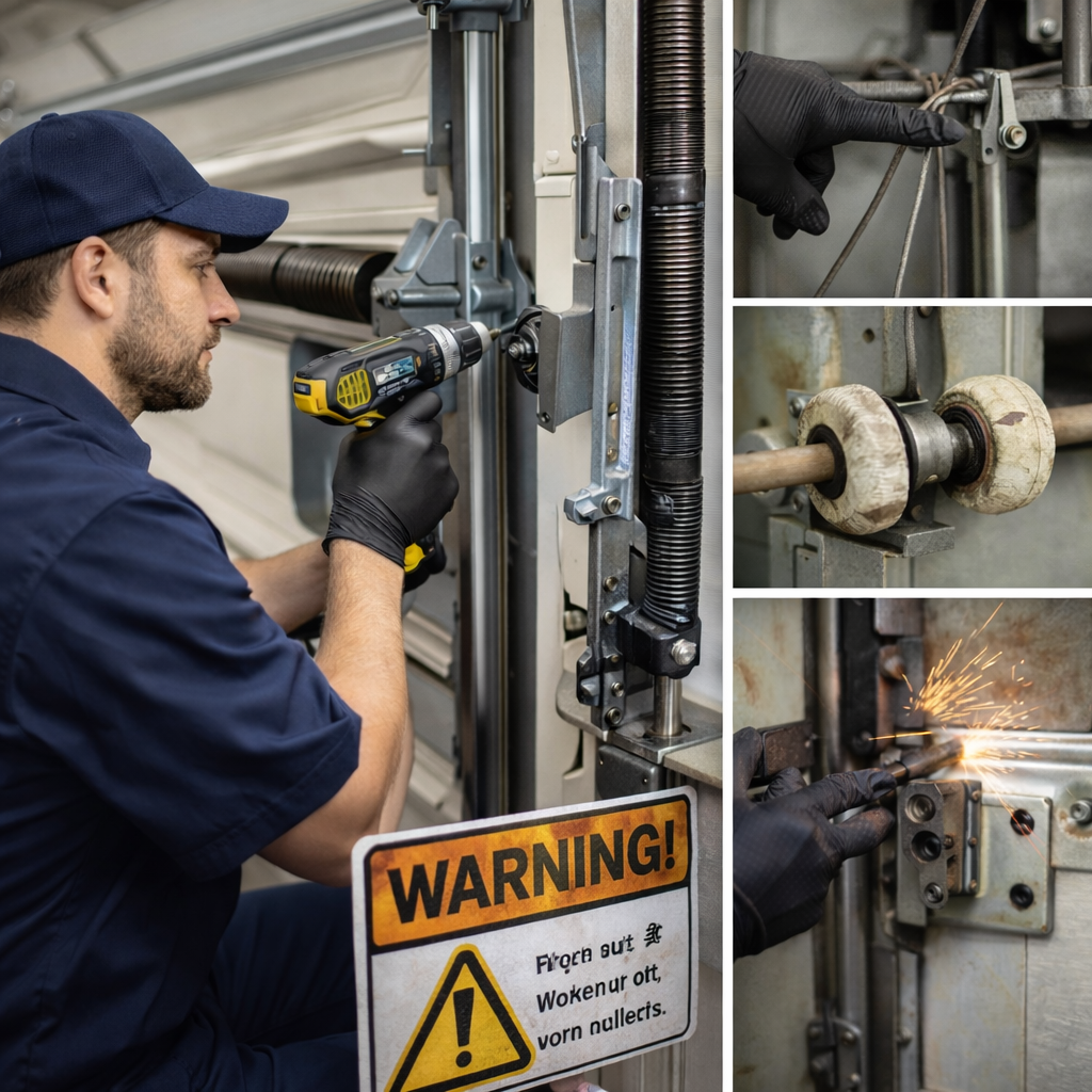 Garage door technician in Plano TX diagnosing and solving issues while highlighting common garage door problems, emphasizing the importance of regular garage door maintenance and timely repairs.