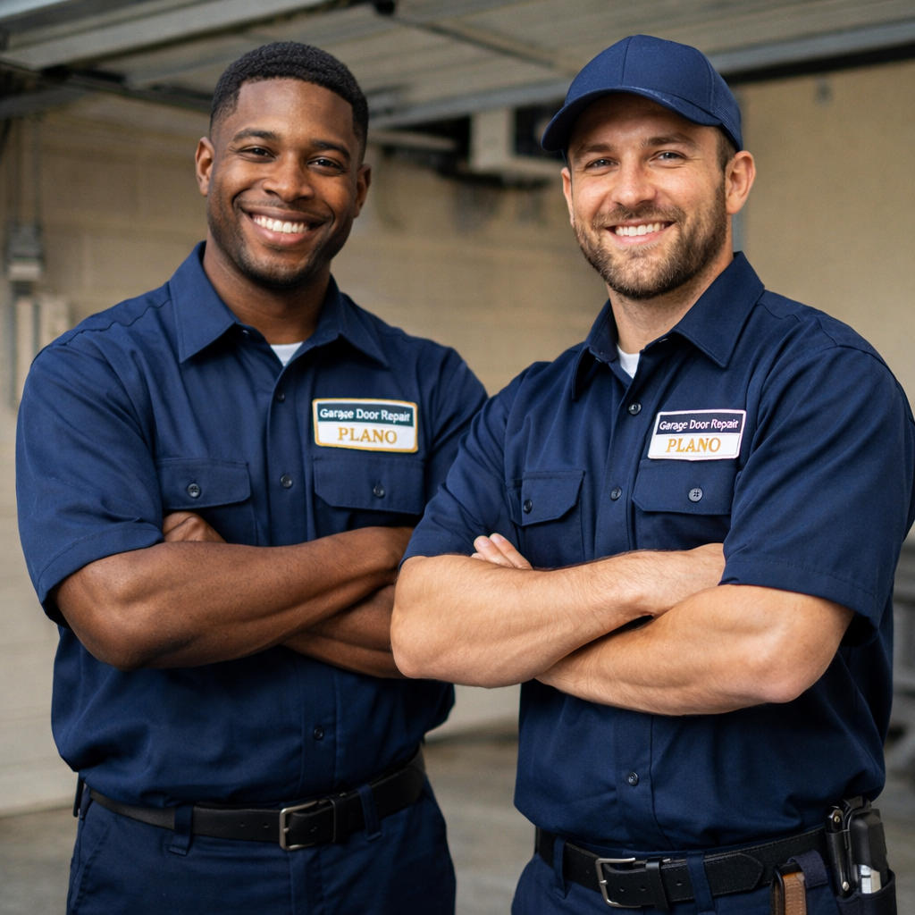 Two local garage door experts in Plano TX standing together, showcasing professional garage door maintenance and tune-up services, trusted for fast, reliable, and affordable garage door repair in Plano.