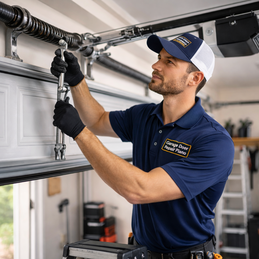 Professional garage door technician in Plano TX performing maintenance and spring replacement, demonstrating expert garage door repair and tune-up process for safe and reliable operation.