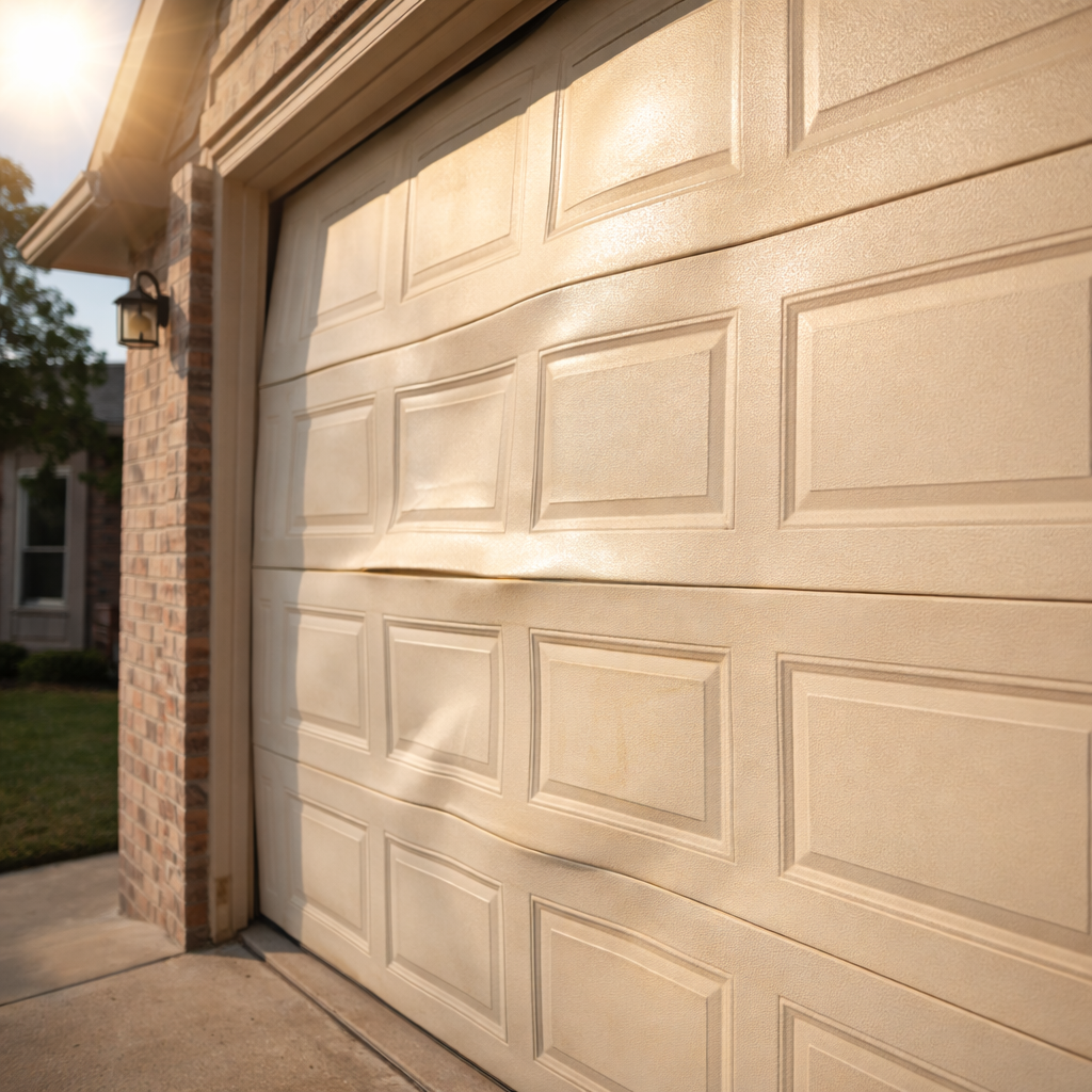 Garage door in Plano TX damaged from heat and sun exposure, showing wear and tear, highlighting the need for professional garage door repair and maintenance services.