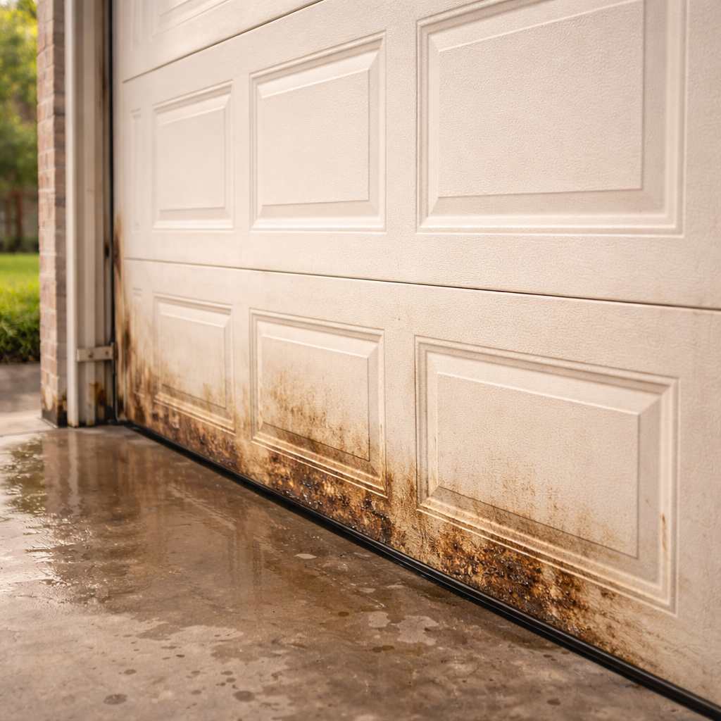 Garage door in Plano TX showing damage from humidity and moisture, illustrating the importance of professional garage door repair and maintenance to prevent warping and rust.