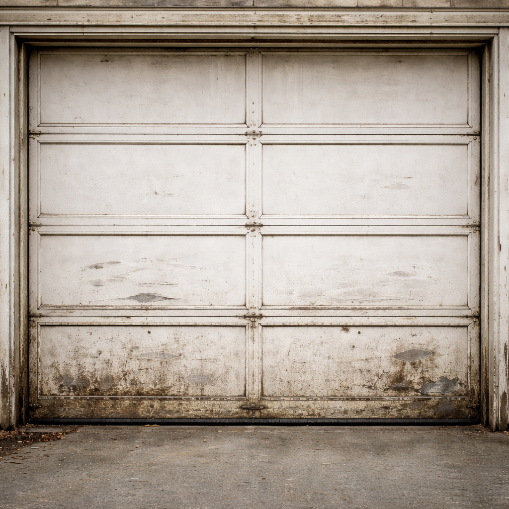 Garage door in Plano TX showing signs of daily wear and tear, emphasizing the need for regular garage door maintenance, inspections, and professional repair services.