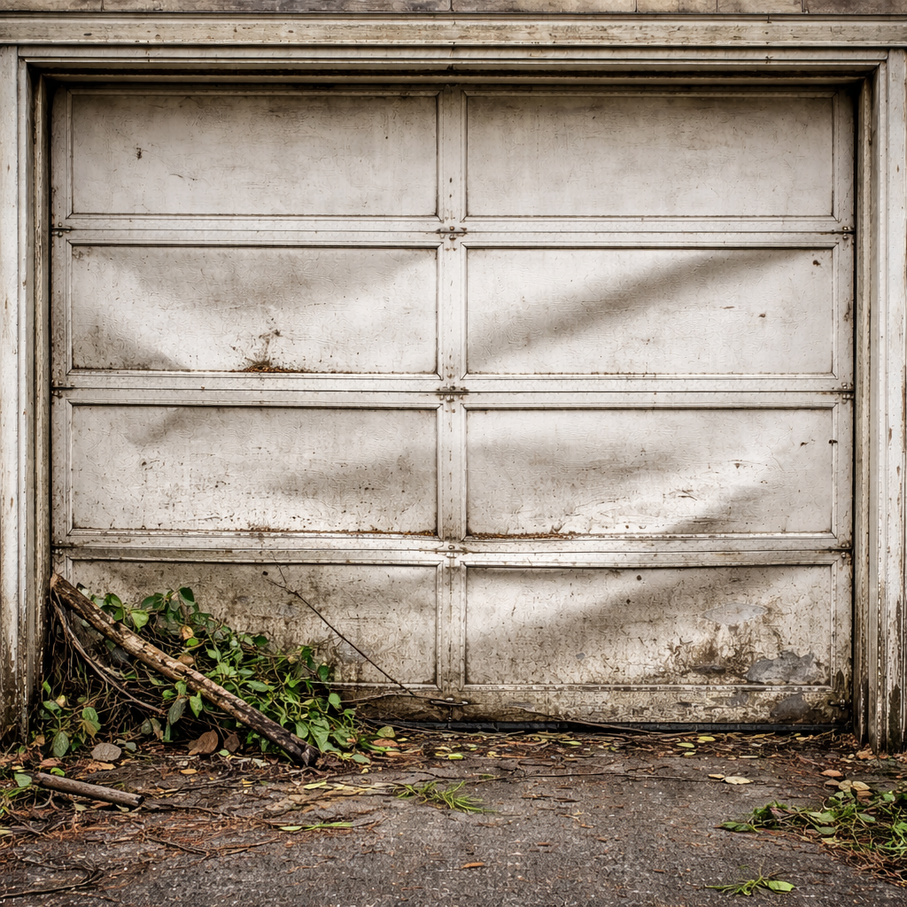 Garage door in Plano TX damaged by storm and strong winds, showing dents and misalignment, highlighting professional garage door repair and emergency services in Plano.