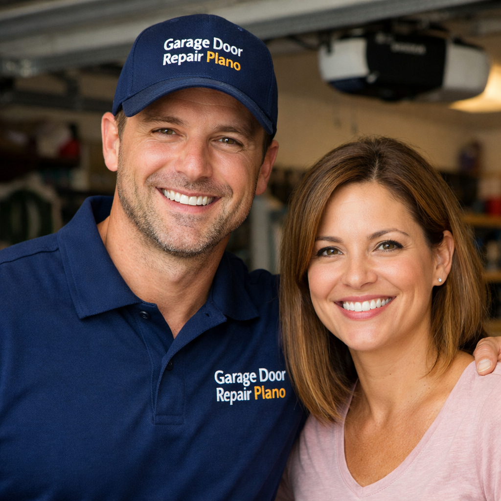 Local garage door expert in Plano TX standing with a happy client, showcasing professional garage door opener repair and installation services with trusted and reliable maintenance.
