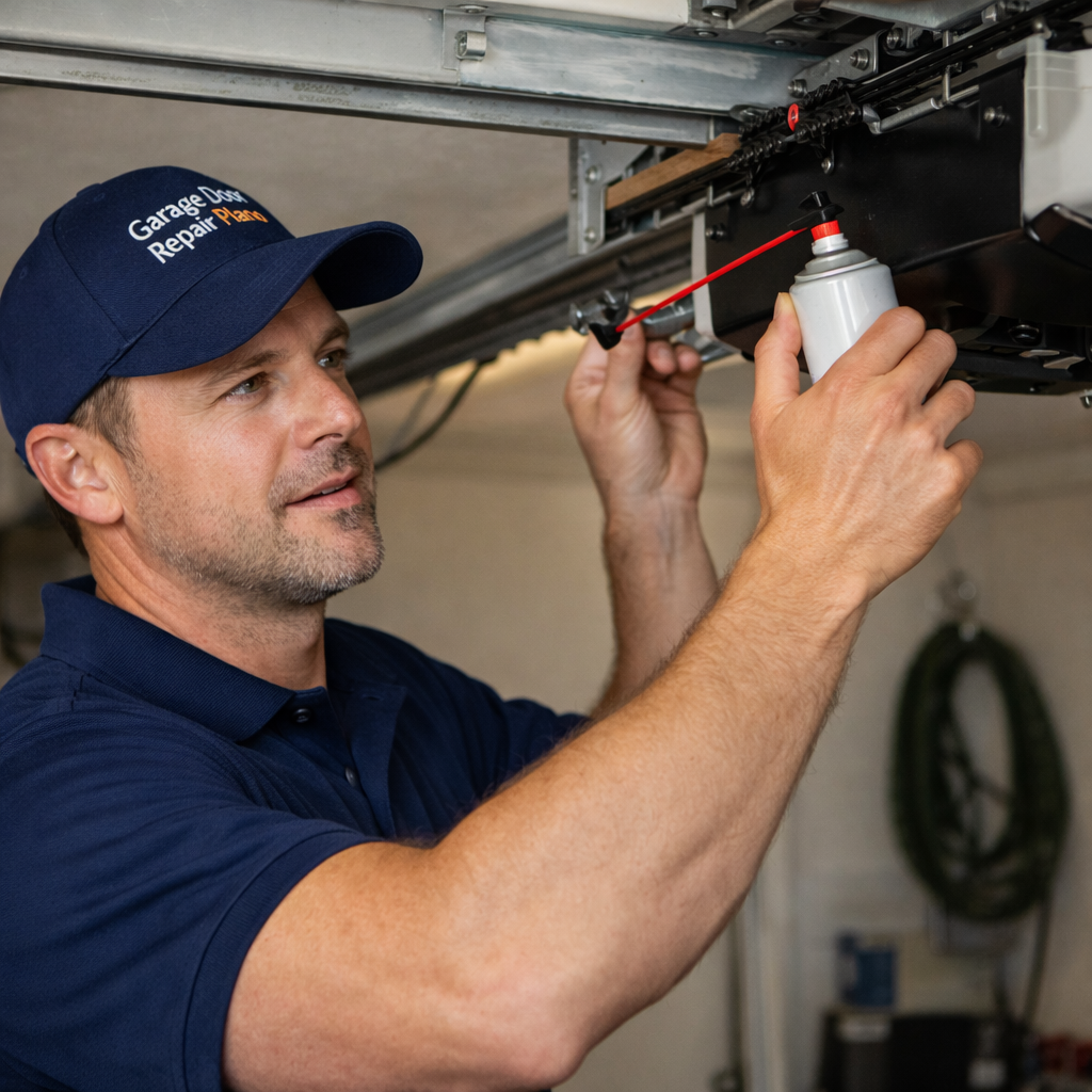 Professional garage door technician in Plano TX performing essential maintenance tasks on a garage door opener, ensuring safe, smooth, and reliable operation with expert repair and upkeep services.
