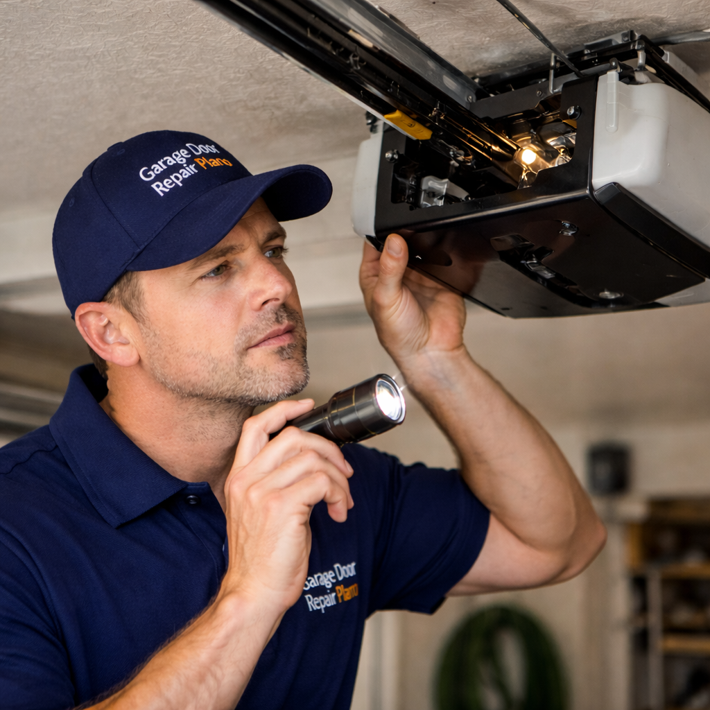 Professional garage door technician in Plano TX using a torch to diagnose garage door opener issues, highlighting signs that maintenance or repair is needed for safe and reliable operation.