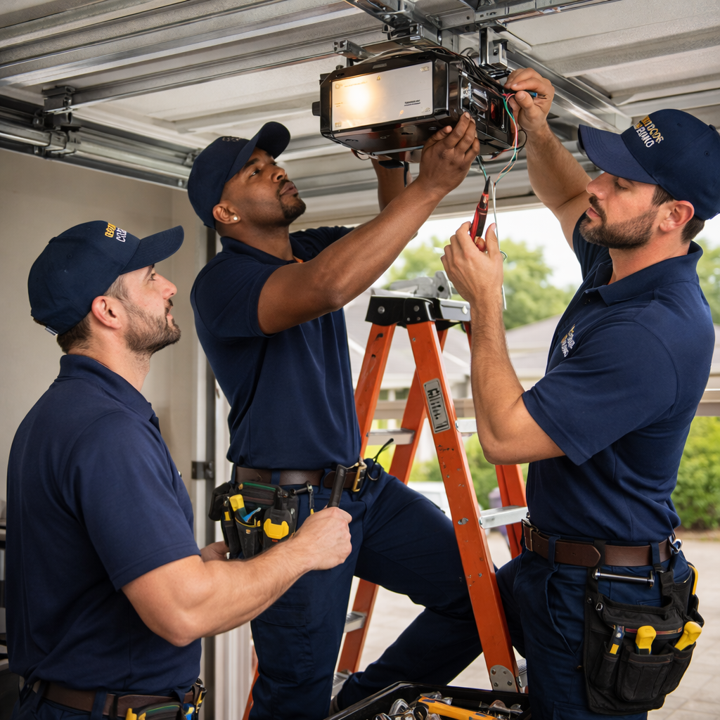 Professional garage door technicians in Plano TX performing step-by-step garage door opener installation and repair, with one technician on a ladder and another providing tools, ensuring safe and expert service.