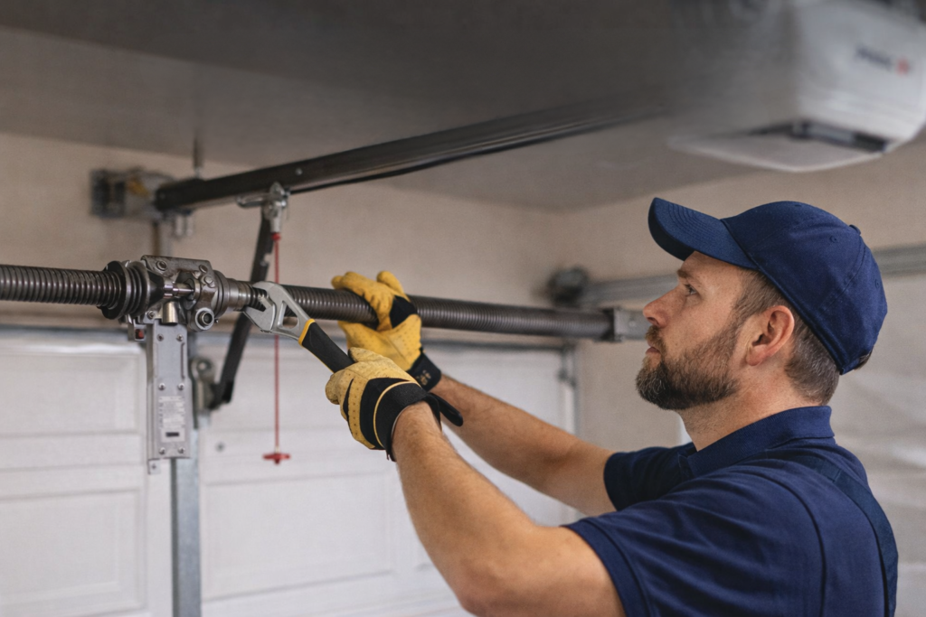 Professional garage door technician in Plano TX using a wrench to align or replace a garage door spring, demonstrating the importance of hiring experts for safe and reliable garage door repair and maintenance.
