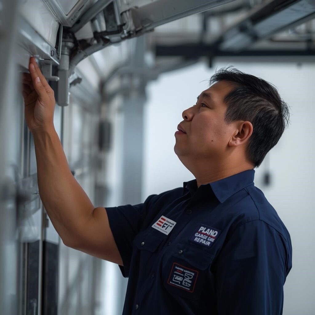 Experienced garage door technicians in Plano TX professionally inspecting a garage door to accurately diagnose problems, offering expert repair, maintenance, and opener services.