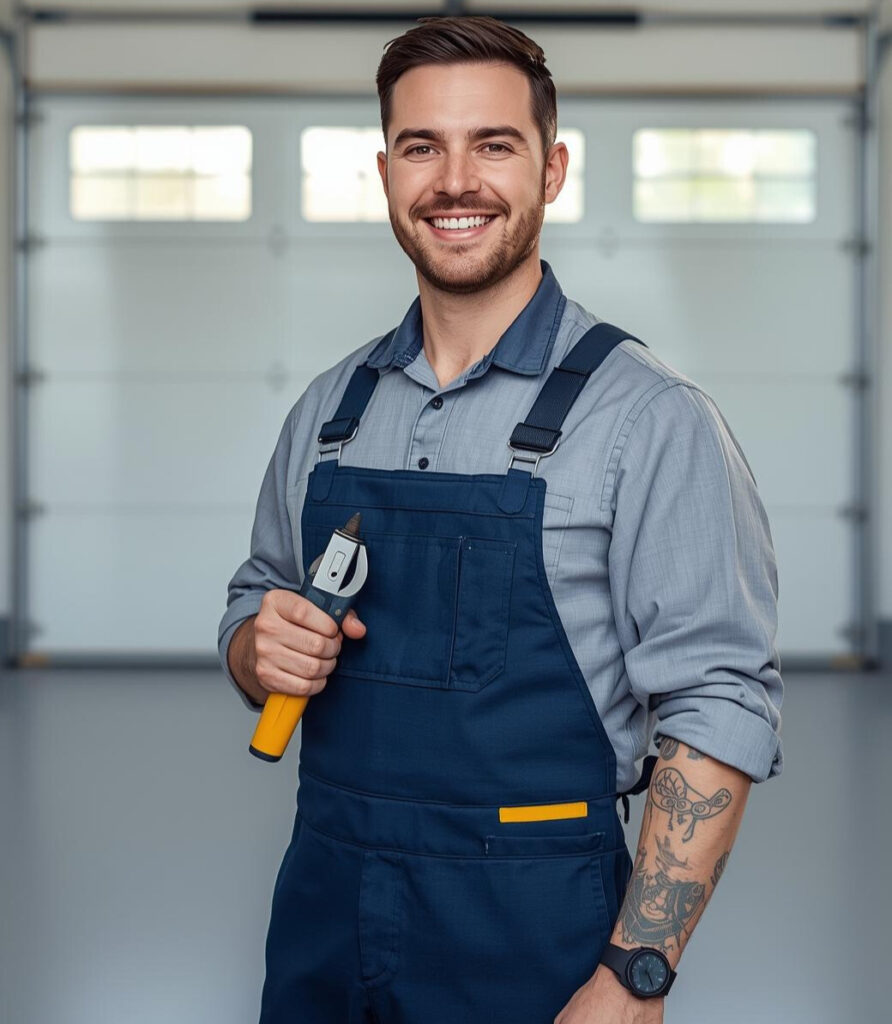 Professional garage door repair technician holding tools while standing in front of a residential garage door.