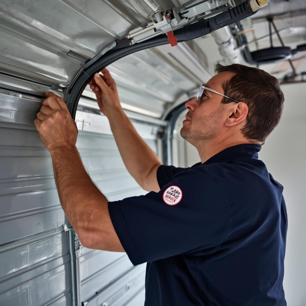 Experienced garage door technician in Plano TX inspecting various parts of a garage door, demonstrating a complete inspection-to-repair process for professional maintenance and reliable operation.