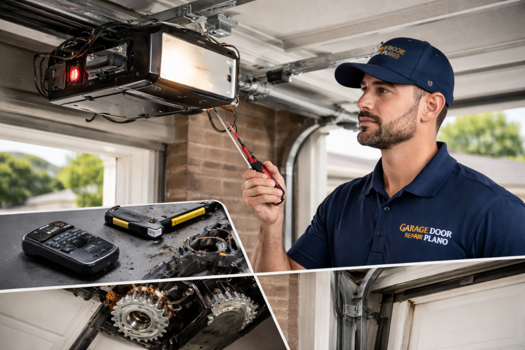 Garage door technician in Plano TX explaining common garage door opener problems to homeowners, highlighting expert repair, troubleshooting, and maintenance services for reliable operation.