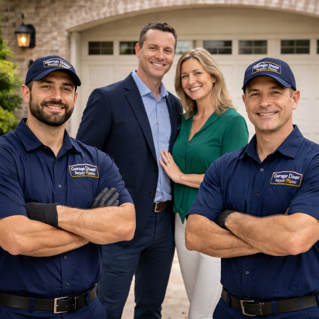 Two professional garage door technicians in Frisco TX standing with a satisfied couple who received garage door repair and maintenance services, highlighting trusted and reliable local garage door solutions.