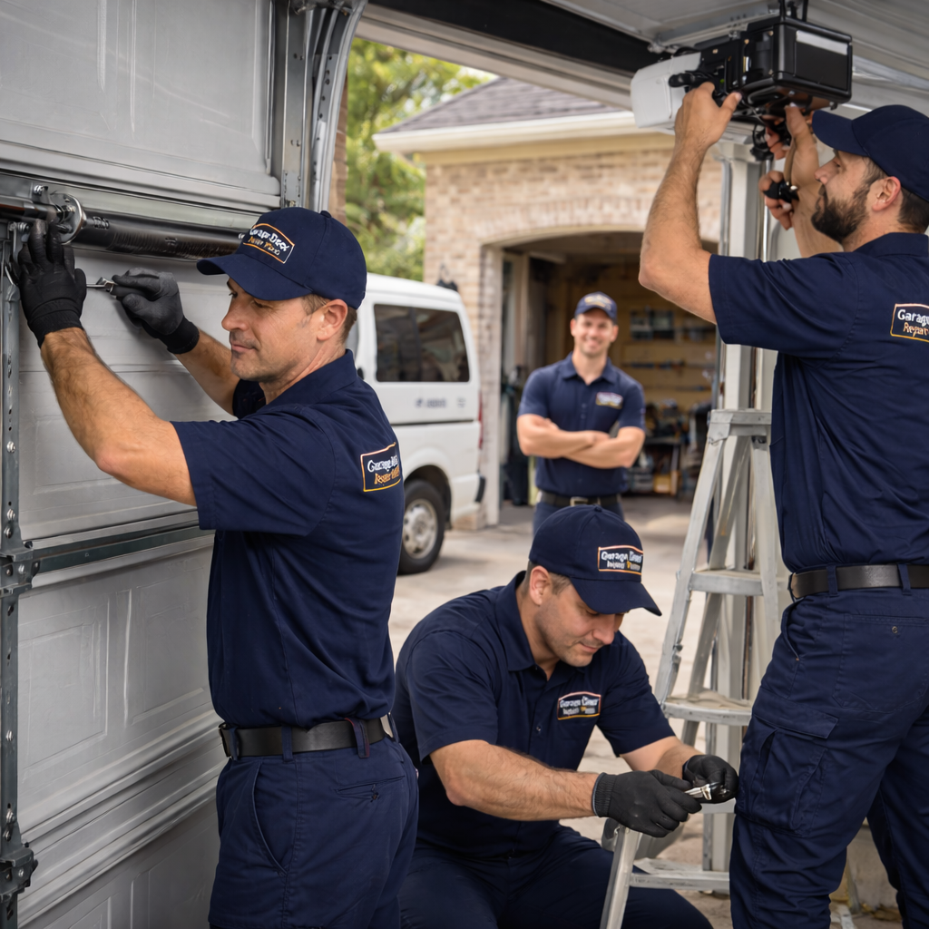 Professional garage door technicians in McKinney TX performing garage door opener repair and other services, with a team ensuring expert maintenance, installation, and reliable solutions for homeowners.