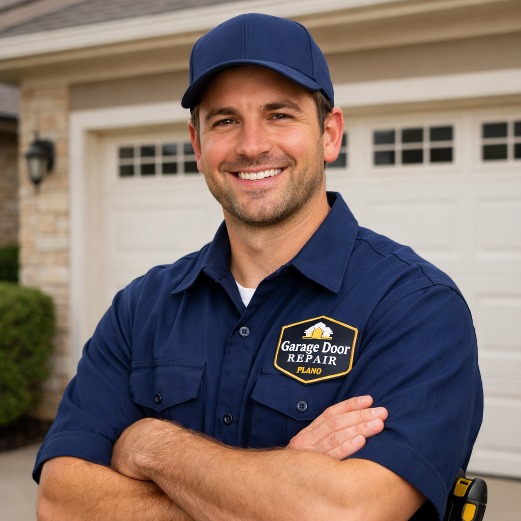 Professional garage door technician in Little Elm TX standing in front, representing trusted repair, maintenance, and opener services for local homeowners.