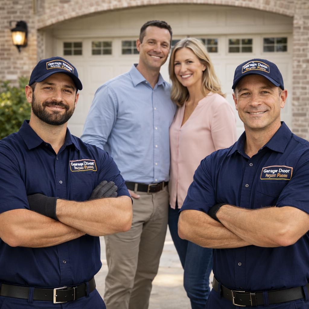 Professional garage door repair technicians standing with satisfied homeowners in front of a residential garage in Allen TX providing trusted repair and installation services