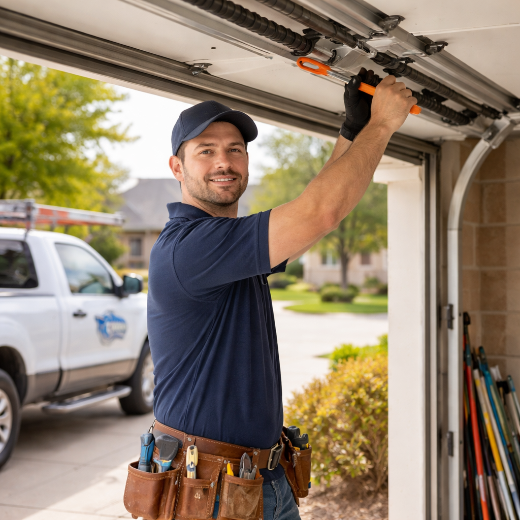 Affordable garage door repair in Plano TX technician working on overhead garage door spring and track system