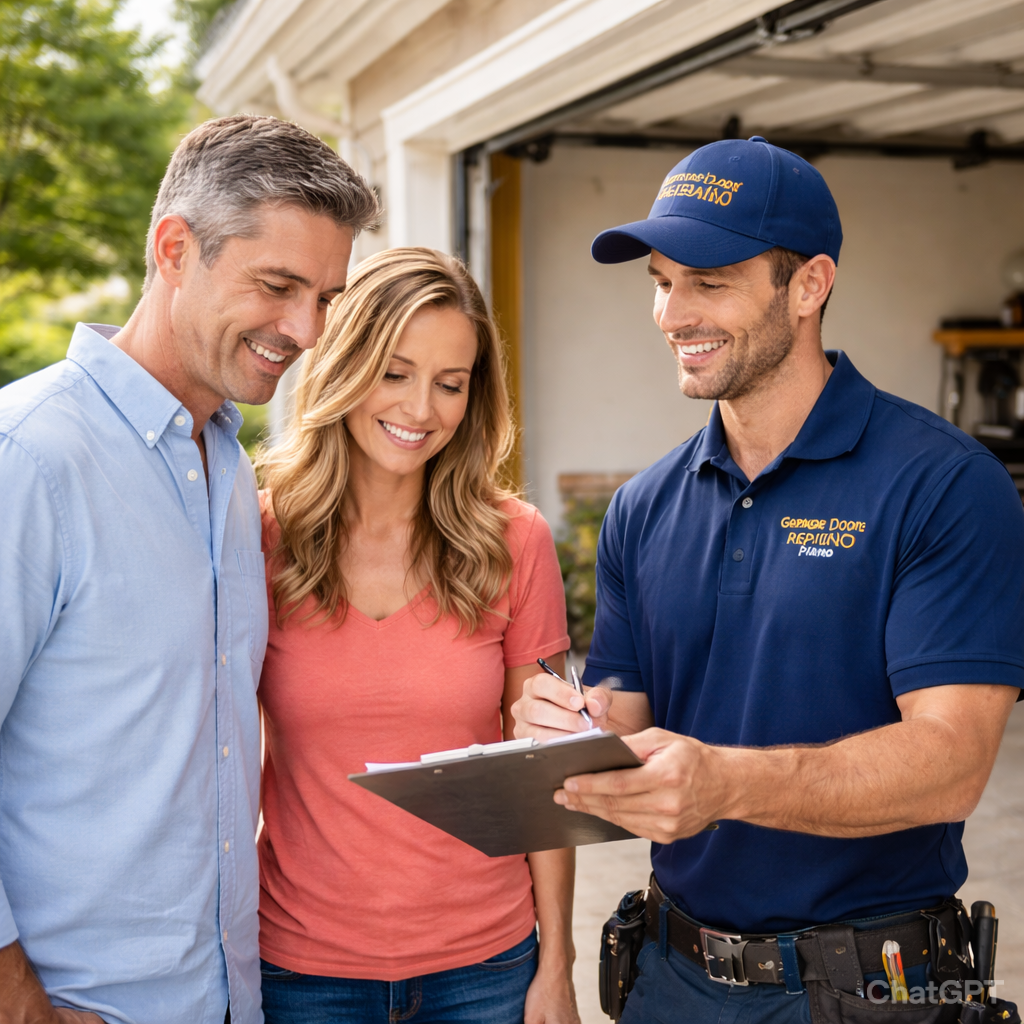 Garage door repair technician helping homeowners understand repair options and costs in Plano TX during a professional service consultation