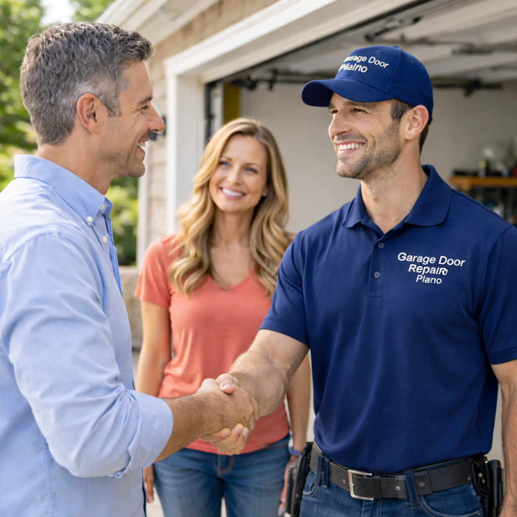 Professional garage door repair technician shaking hands with a satisfied homeowner after completing garage door repair service in Plano TX