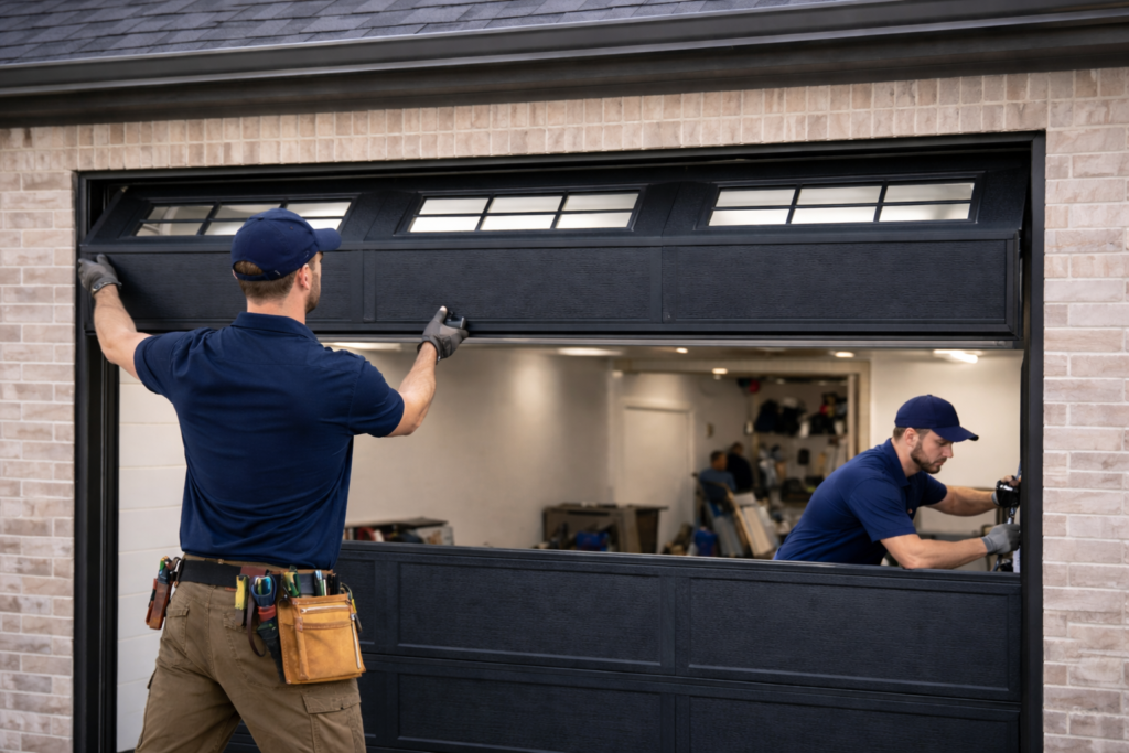 Professional technicians installing and repairing residential garage door during garage door repair in Plano TX