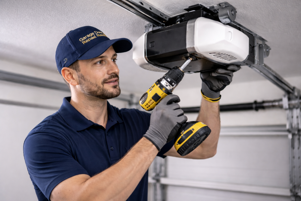 Professional garage door technician repairing an automatic garage door opener with a power drill inside a residential garage.