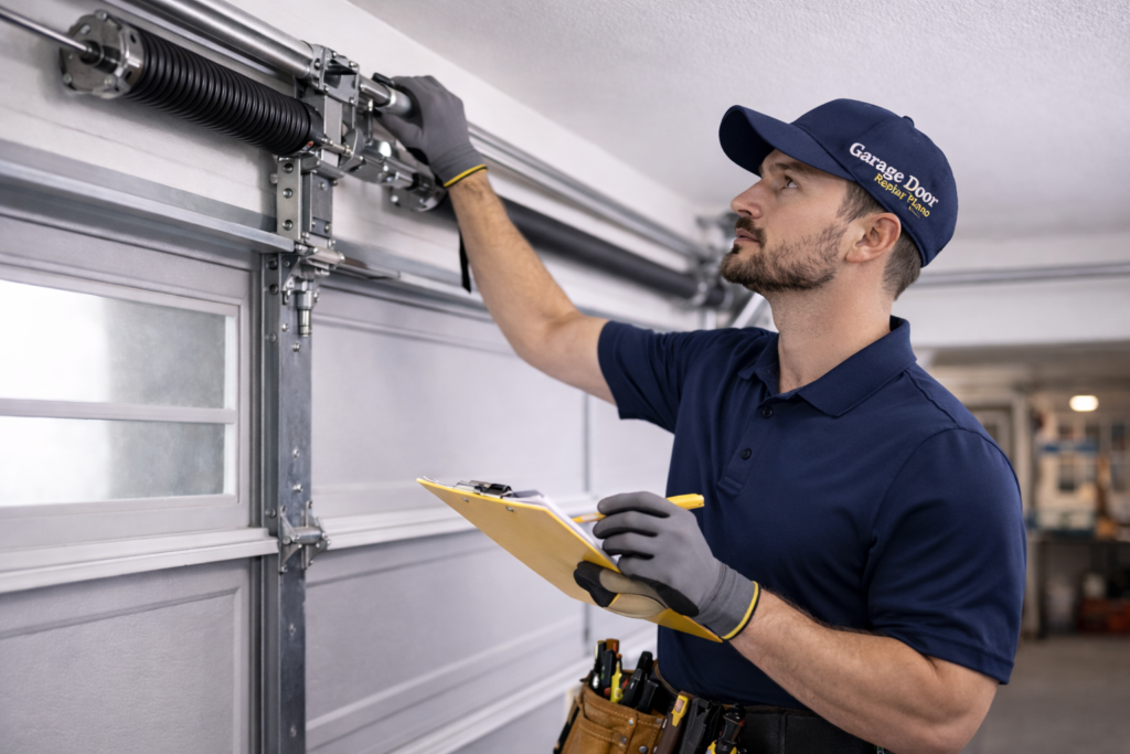 Professional technician inspecting garage door torsion spring during garage door repair in Plano TX