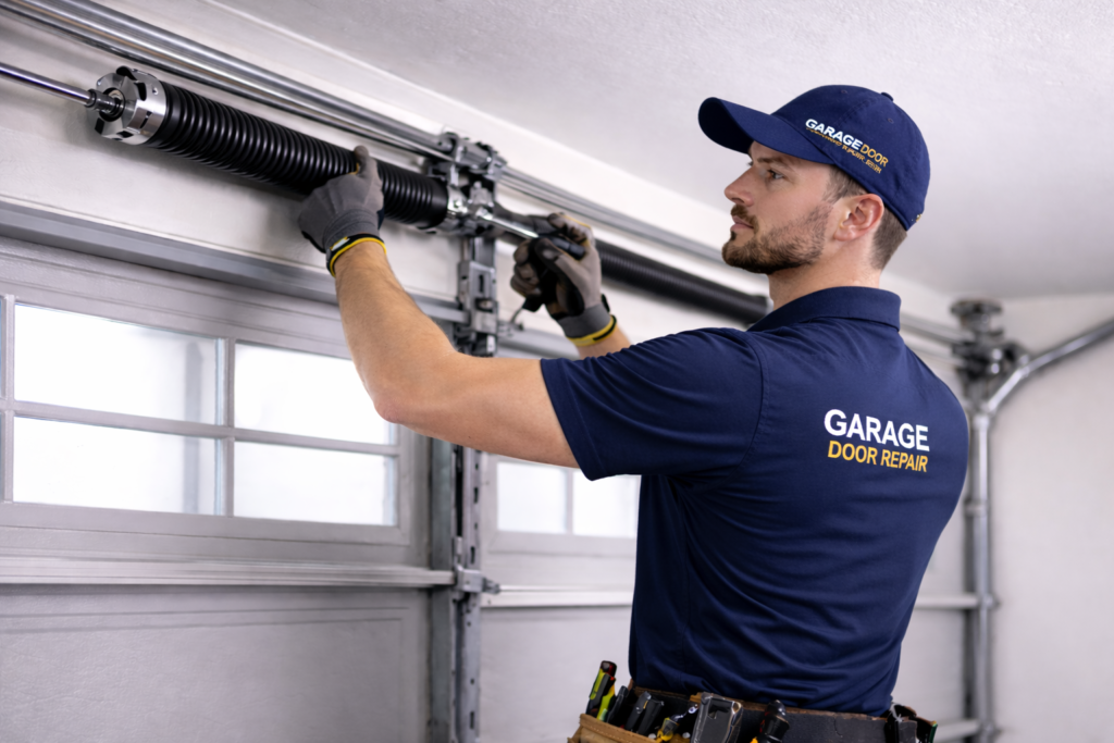 Professional garage door technician repairing a residential garage door spring, wearing a blue uniform with tools belt, offering expert garage door repair services in Plano, TX.